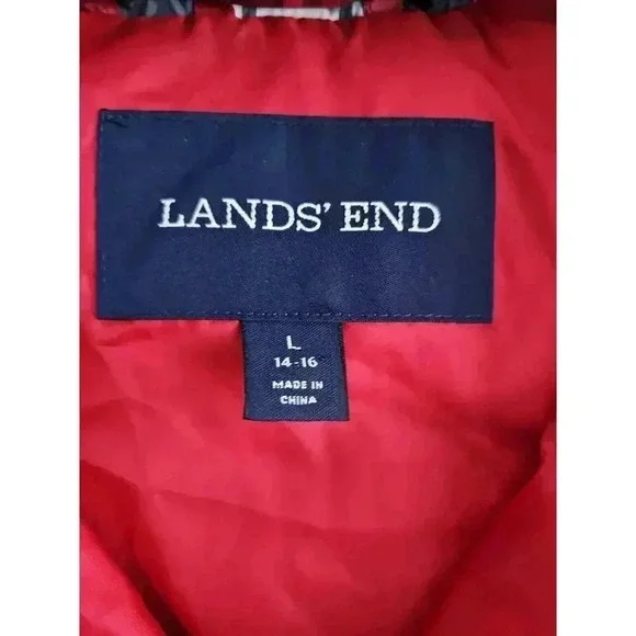 Lands's End Plaid Puffer Vest Women’s Size Large Holiday Americana Red & Navy - Picture 5 of 7